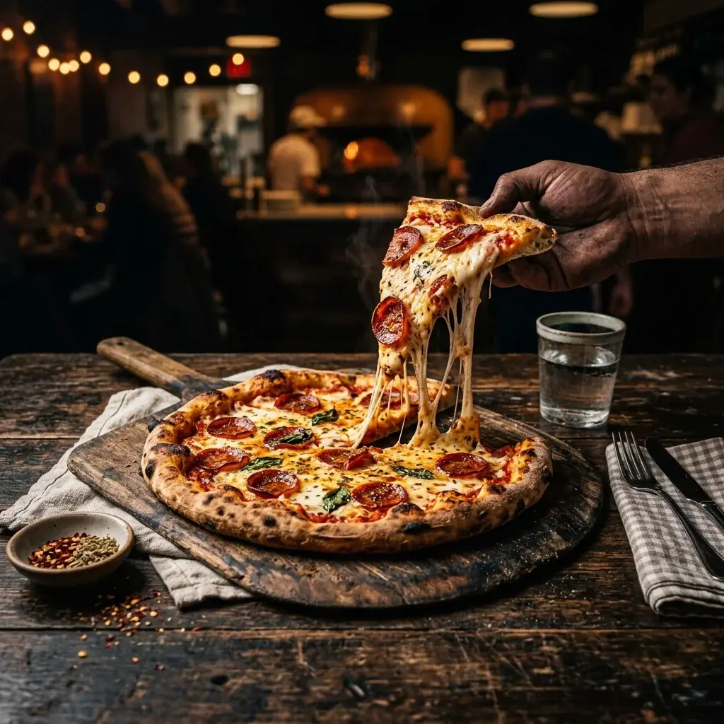 Freshly baked cheesy pizza